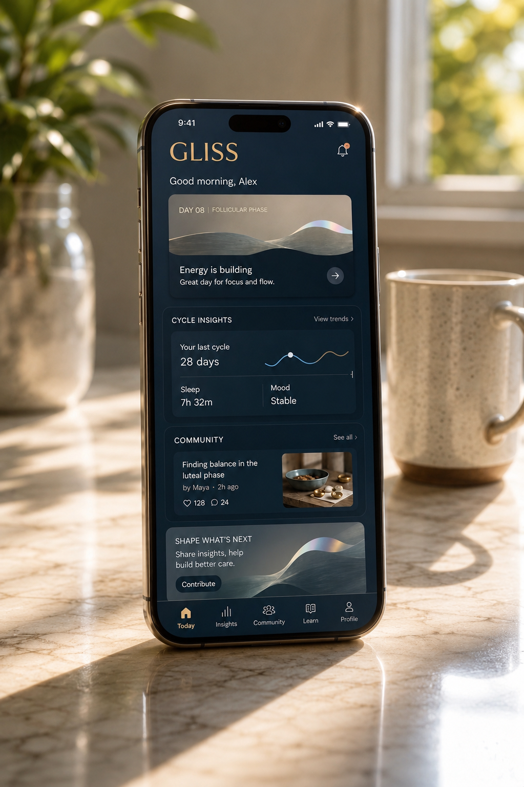 GLISS app showing the day's briefing, cycle insights, and a gentle community signal.